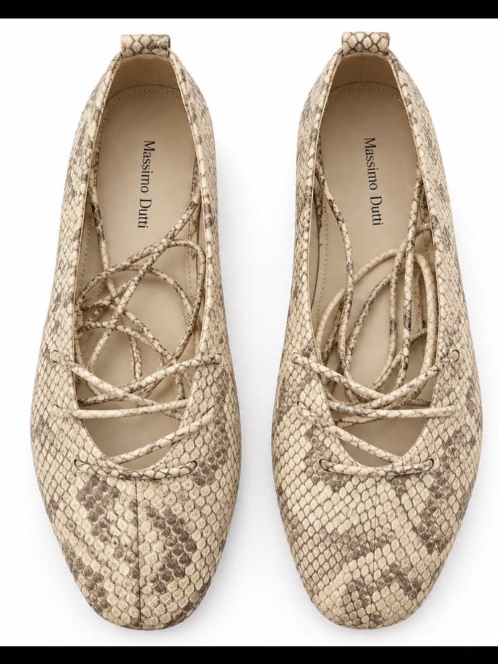 Massimo Dutti Snakeskin Print Lace-Up Ballet Flats Size 39 NWT